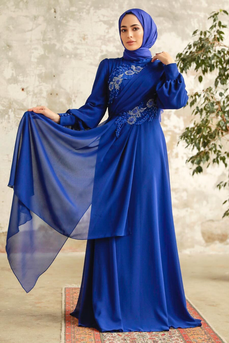 Tesettürlü Abiye Elbise - Boncuk İşlemeli Sax Mavisi Tesettür Abiye Elbise 25838SX