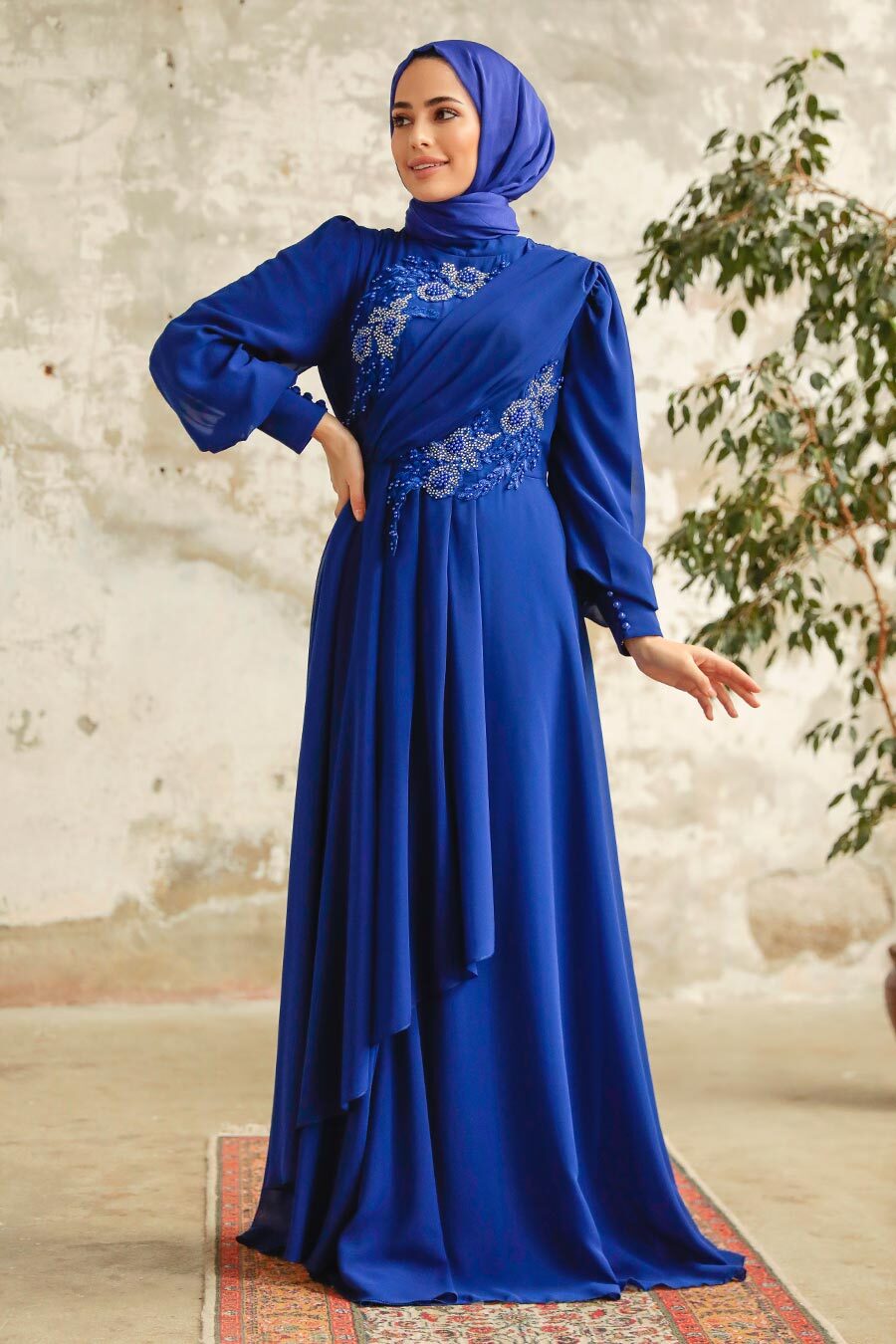 Tesettürlü Abiye Elbise - Boncuk İşlemeli Sax Mavisi Tesettür Abiye Elbise 25838SX