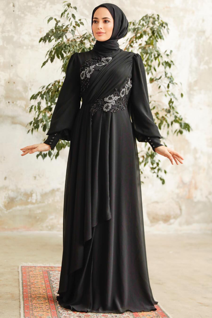 Tesettürlü Abiye Elbise - Boncuk İşlemeli Siyah Tesettür Abiye Elbise 25838S