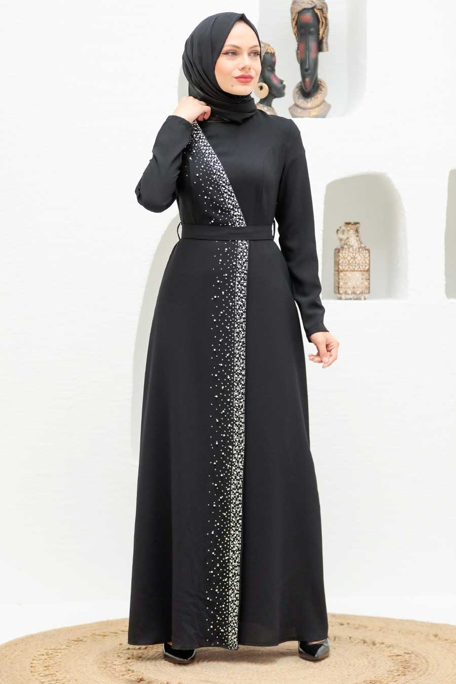Tesettürlü Abiye Elbise - Boncuk İşlemeli Siyah Tesettür Abiye Elbise 32150S