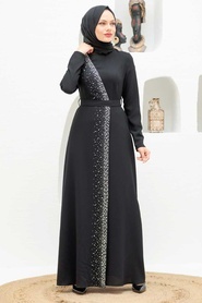 Tesettürlü Abiye Elbise - Boncuk İşlemeli Siyah Tesettür Abiye Elbise 32150S - Thumbnail