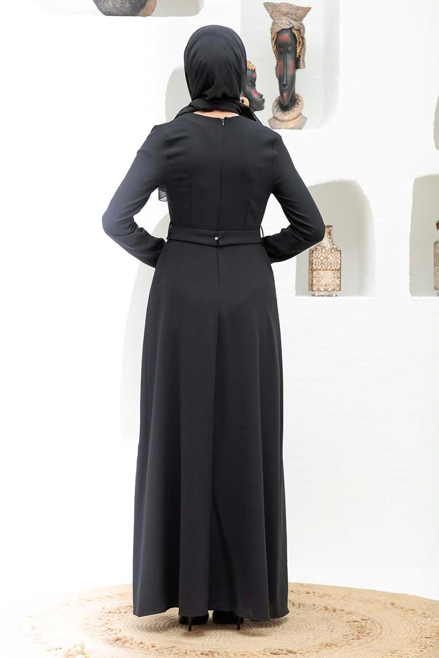 Tesettürlü Abiye Elbise - Boncuk İşlemeli Siyah Tesettür Abiye Elbise 32150S