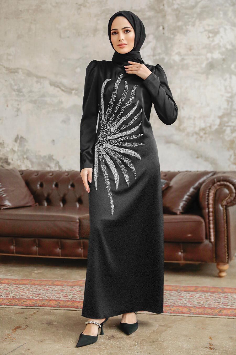 Tesettürlü Abiye Elbise - Boncuk İşlemeli Siyah Tesettür Abiye Elbise 38102S