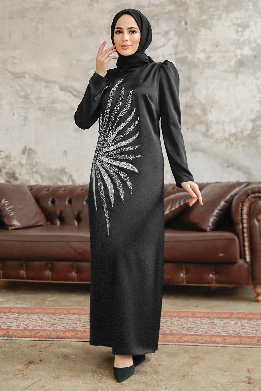Tesettürlü Abiye Elbise - Boncuk İşlemeli Siyah Tesettür Abiye Elbise 38102S