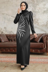 Tesettürlü Abiye Elbise - Boncuk İşlemeli Siyah Tesettür Abiye Elbise 38102S - Thumbnail