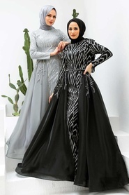 Tesettürlü Abiye Elbise - Boncuk İşlemeli Siyah Tesettür Abiye Elbise 950S - Thumbnail