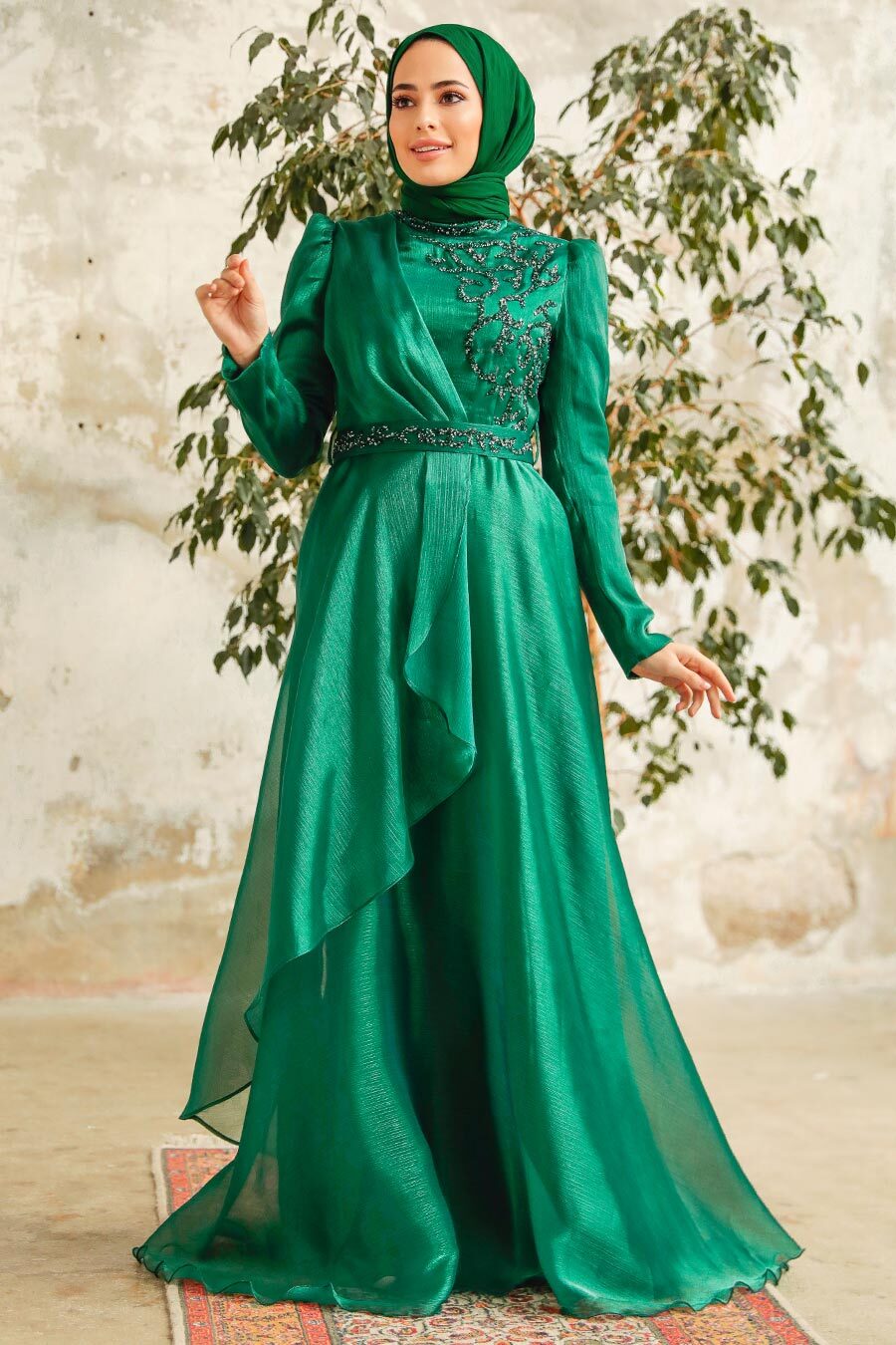 Tesettürlü Abiye Elbise - Boncuk İşlemeli Yeşil Tesettür Abiye Elbise 3824Y