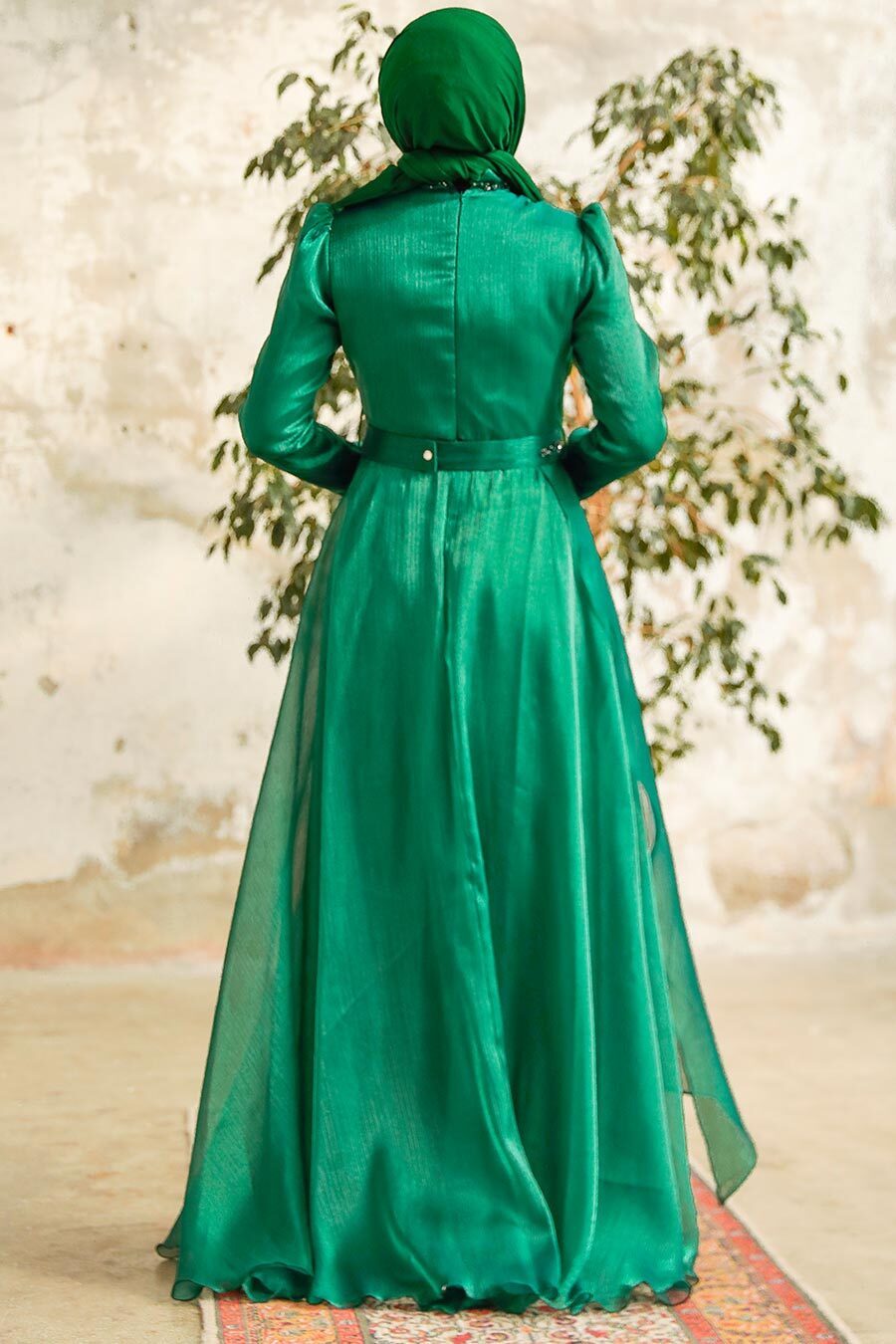 Tesettürlü Abiye Elbise - Boncuk İşlemeli Yeşil Tesettür Abiye Elbise 3824Y