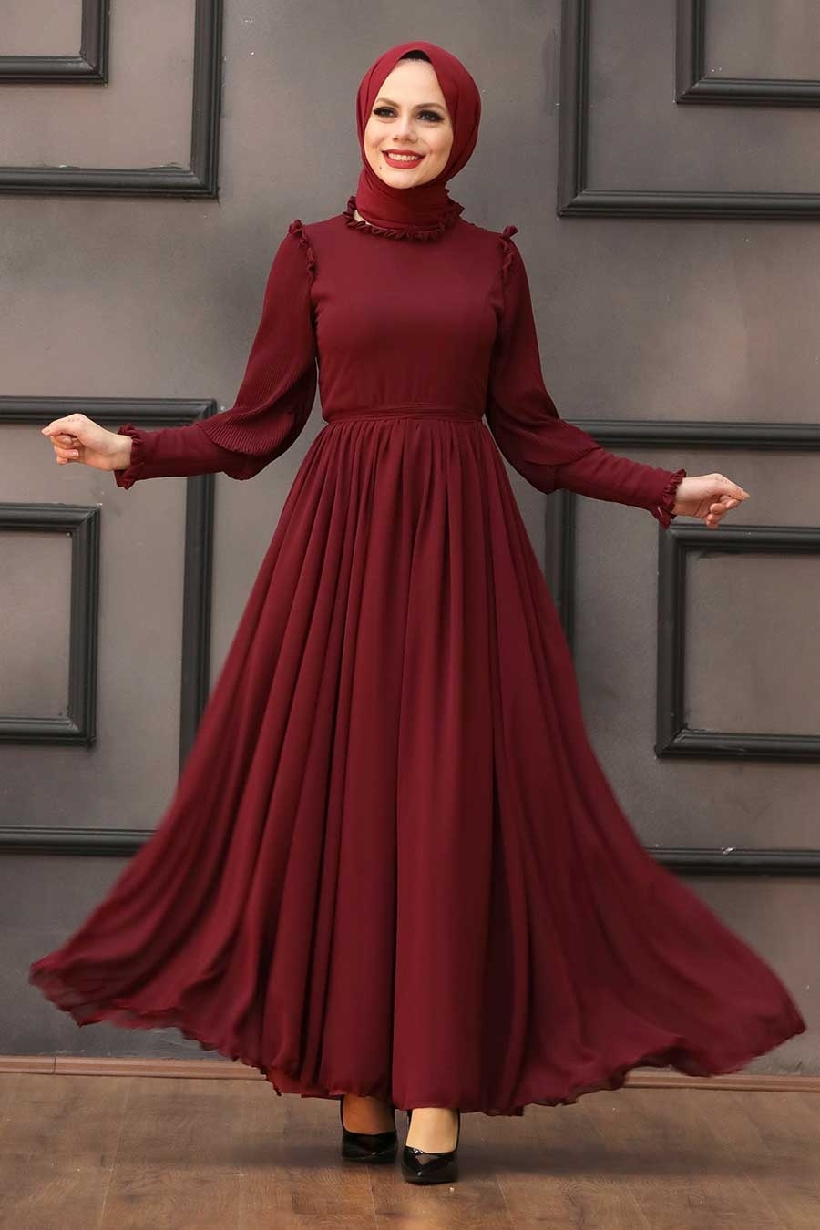 Tesettürlü Abiye Elbise - Claret Red Hijab Evening Dress 40720BR - Tesetturisland.com