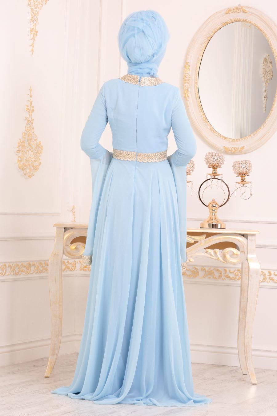 Tesettürlü Abiye Elbise Dantel Detaylı Bebek Mavisi