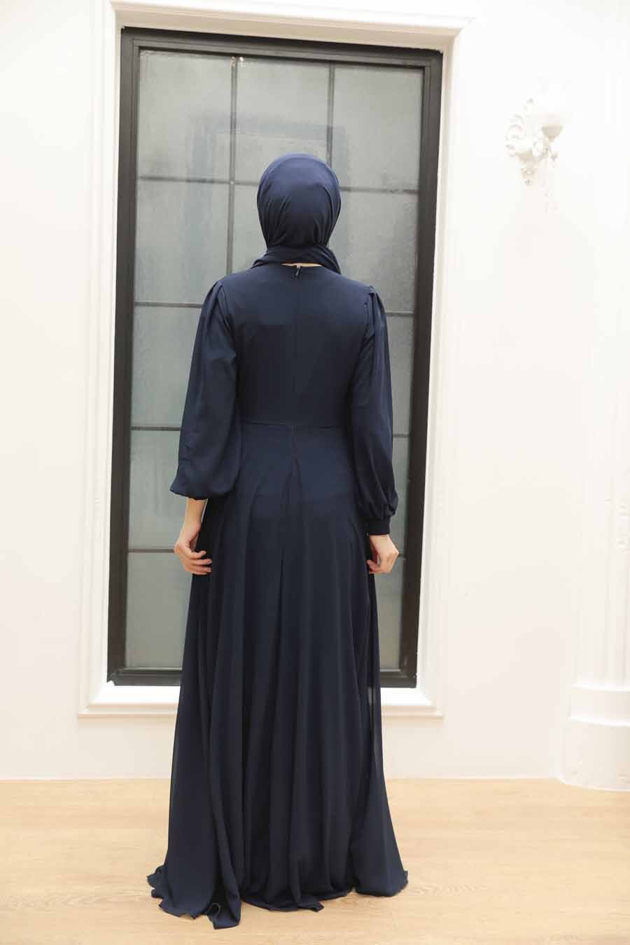 Tesettürlü Abiye Elbise - Dantel Detaylı Lacivert Tesettür Abiye Elbise 3435L