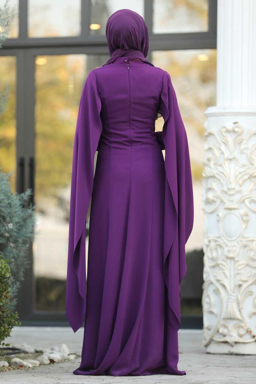 Tesettürlü Abiye Elbise - Dantel Detaylı Mor Tesettür Abiye Elbise 20180MOR
