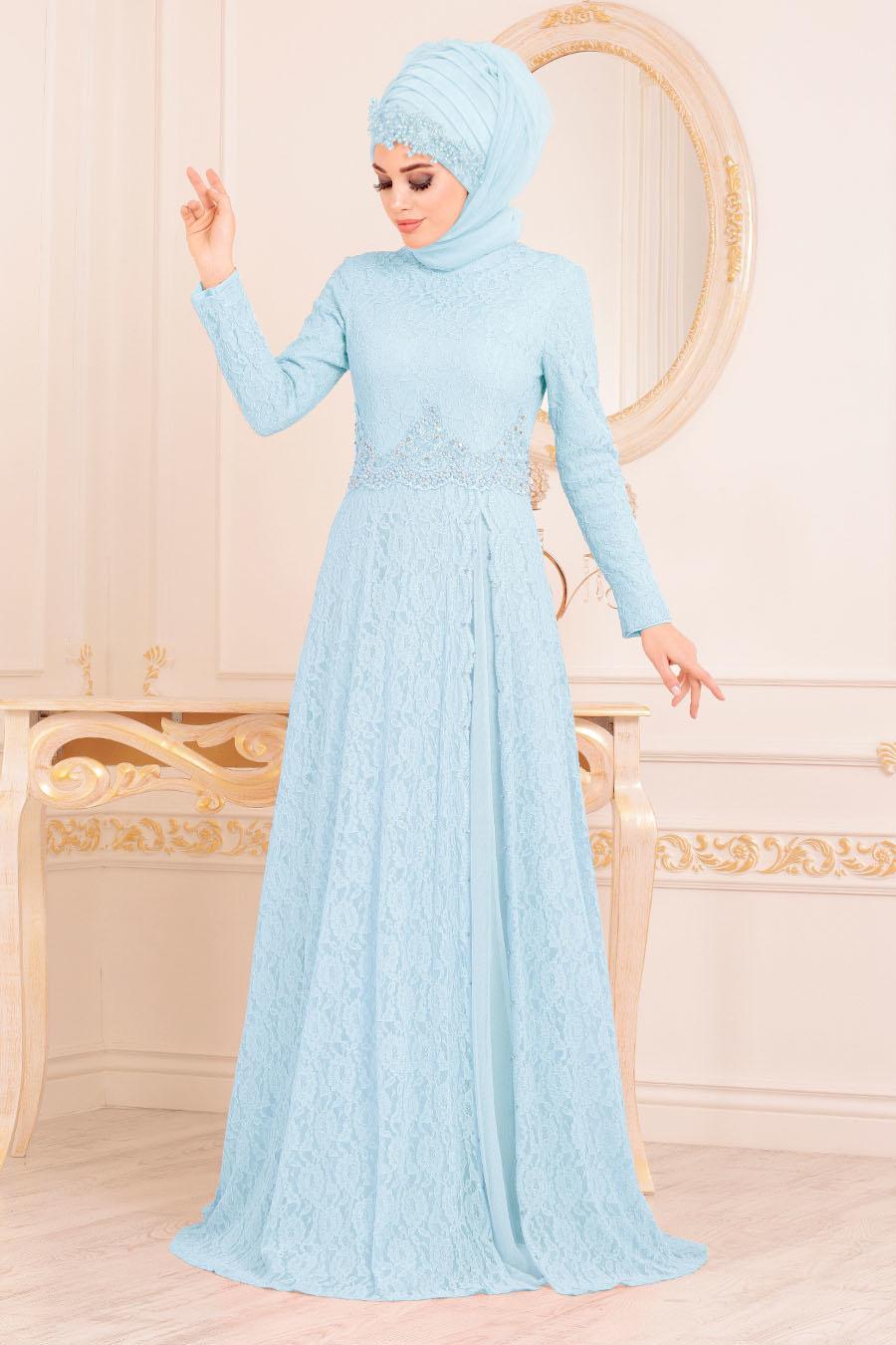 Tesettürlü Abiye Elbise Dantelli Bebek Mavisi Tesettür