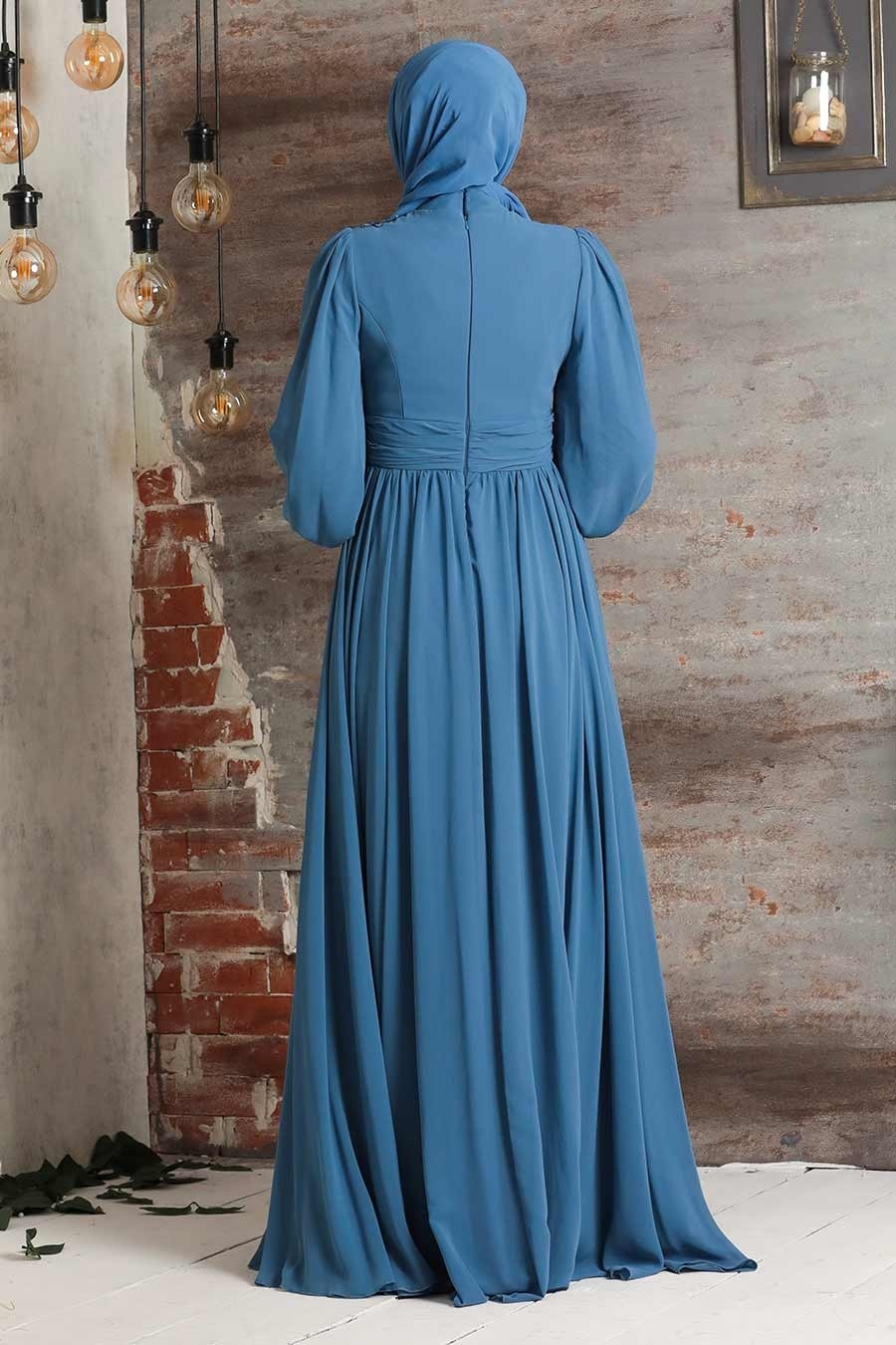 Tesettürlü Abiye Elbise - Dantelli Mavi Tesettür Abiye Elbise 21940M