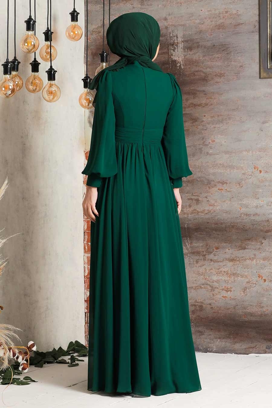 Tesettürlü Abiye Elbise - Dantelli Yeşil Tesettür Abiye Elbise 21940Y