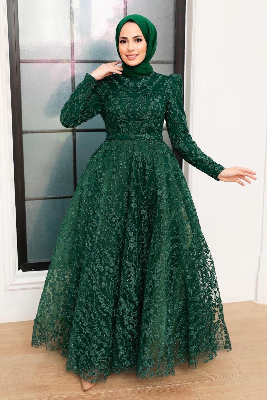 Tesettürlü Abiye Elbise - Dantelli Yeşil Tesettür Abiye Elbise 22780Y