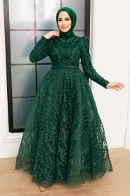 Tesettürlü Abiye Elbise - Dantelli Yeşil Tesettür Abiye Elbise 22780Y - Thumbnail
