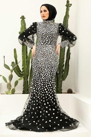 Tesettürlü Abiye Elbise - Desenli Balık Siyah Tesettür Abiye Elbise 952S - Thumbnail