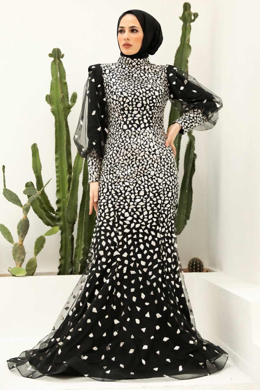 Tesettürlü Abiye Elbise - Desenli Balık Siyah Tesettür Abiye Elbise 952S