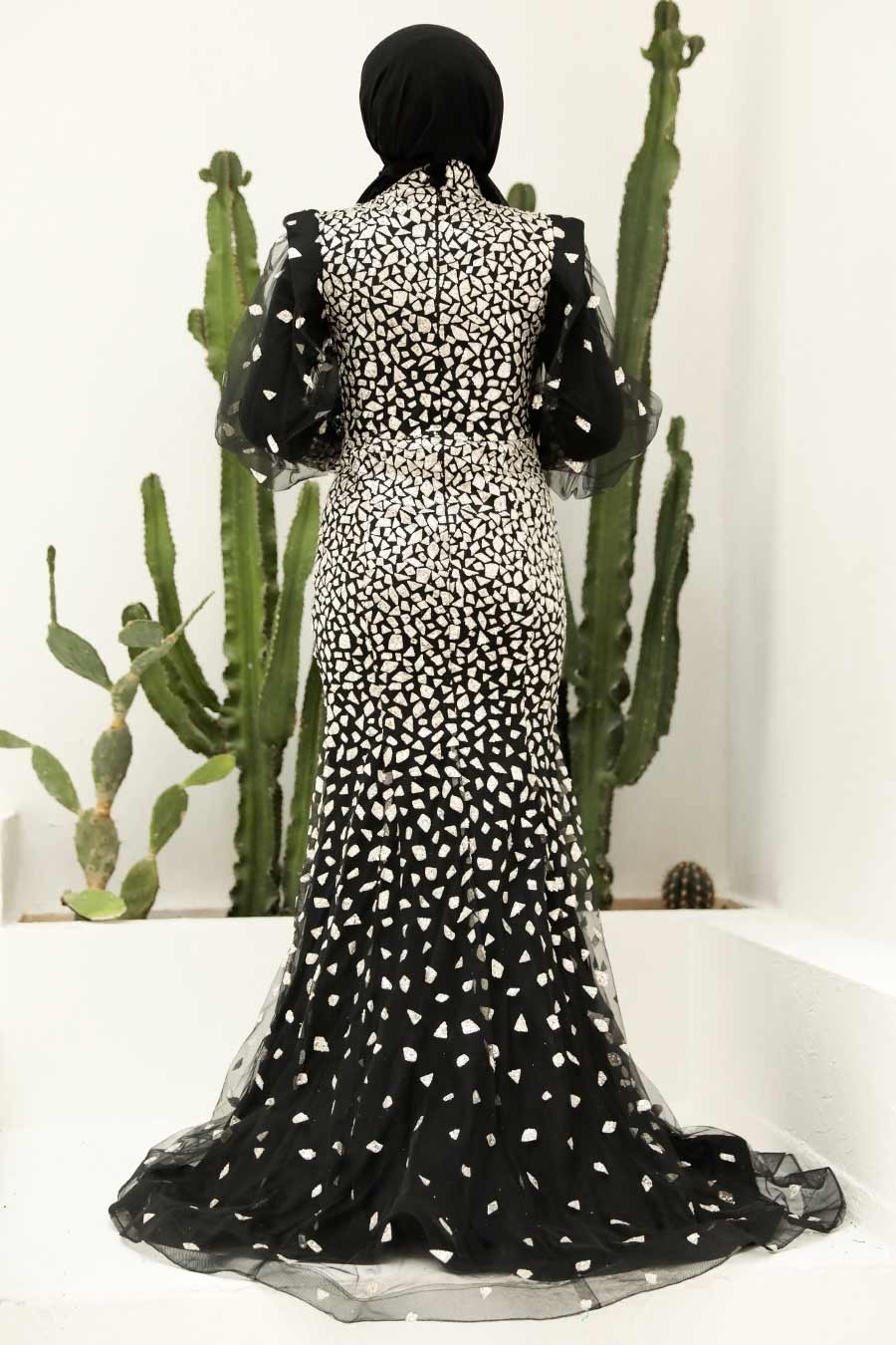 Tesettürlü Abiye Elbise - Desenli Balık Siyah Tesettür Abiye Elbise 952S