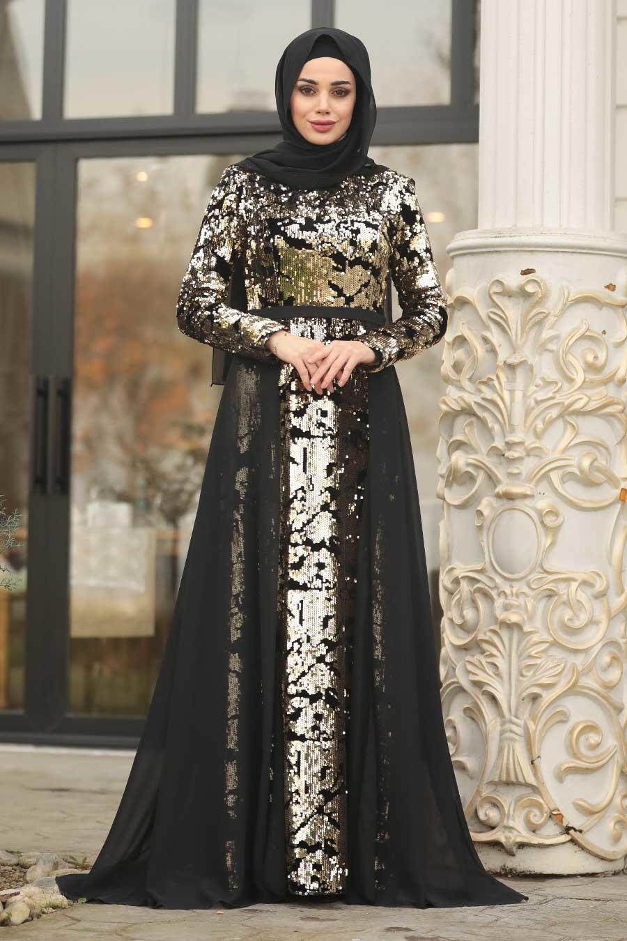 dinner dress black and gold muslimah