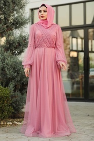 Tesettürlü Abiye Elbise - İnci Detaylı Gül Kurusu Tesettür Abiye Elbise 2140GK - Thumbnail