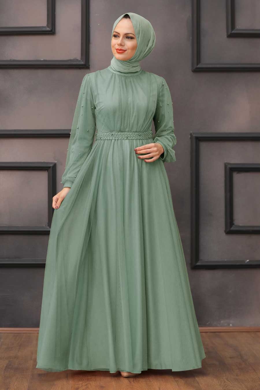 Mint Green Modest Evening Dress 