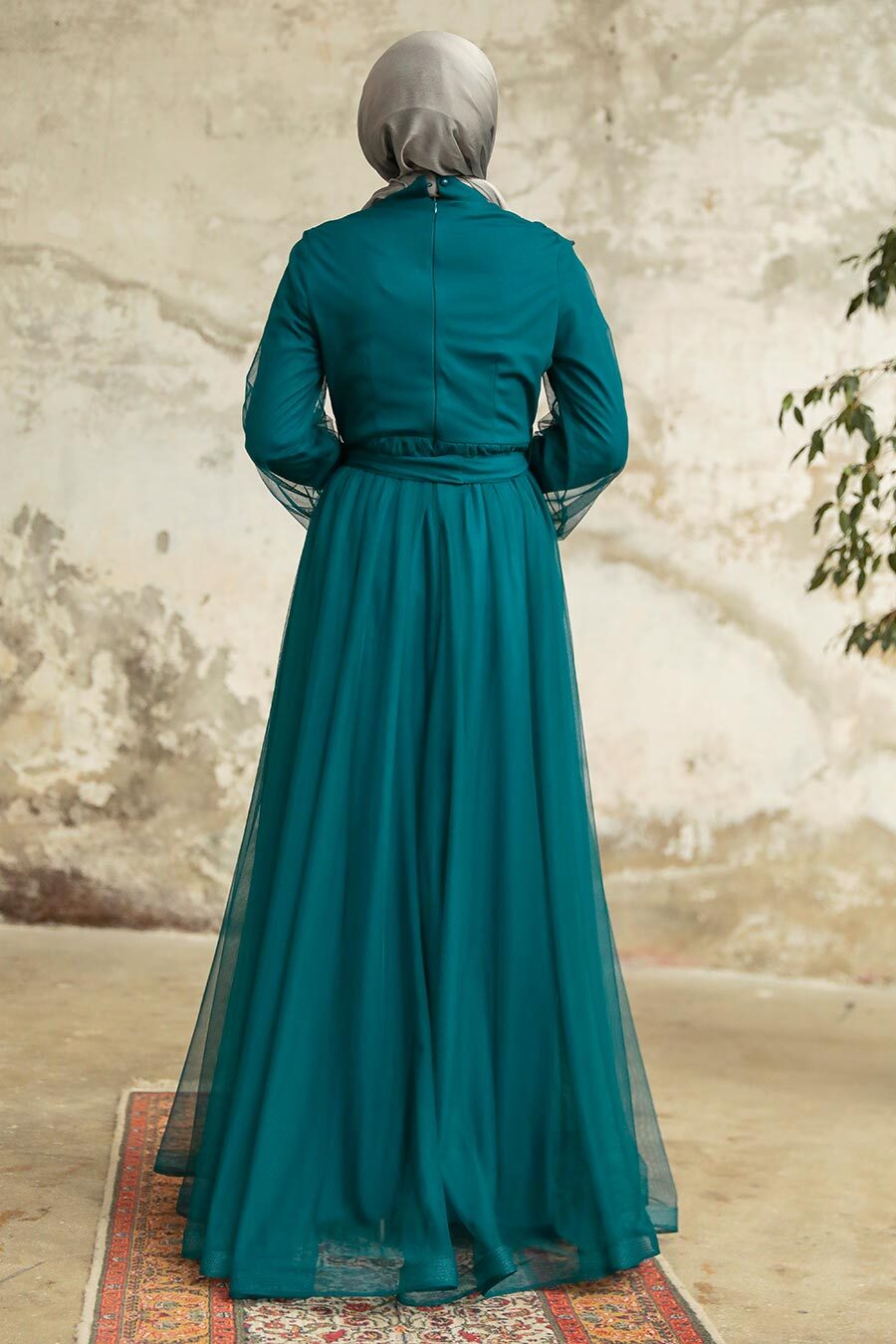 Tesettürlü Abiye Elbise - İnci Detaylı Petrol Yeşili Tesettür Abiye Elbise 25841PY