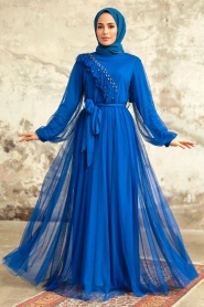 Tesettürlü Abiye Elbise - İnci Detaylı Sax Mavisi Tesettür Abiye Elbise 25841SX - Thumbnail