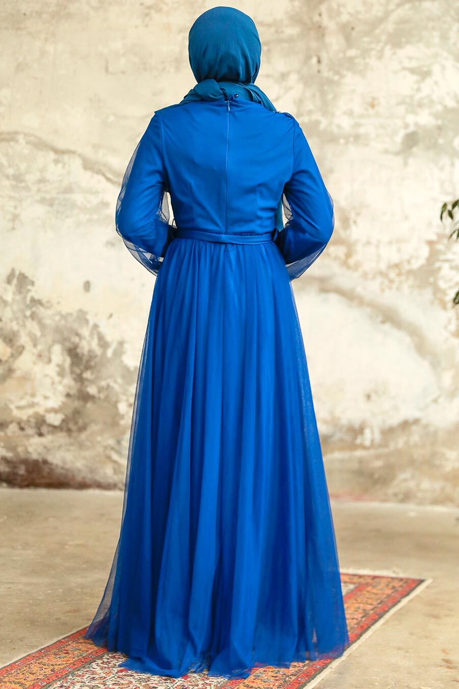 Tesettürlü Abiye Elbise - İnci Detaylı Sax Mavisi Tesettür Abiye Elbise 25841SX