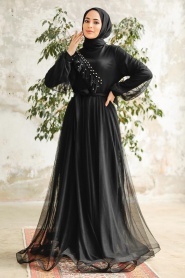 Tesettürlü Abiye Elbise - İnci Detaylı Siyah Tesettür Abiye Elbise 25841S - Thumbnail