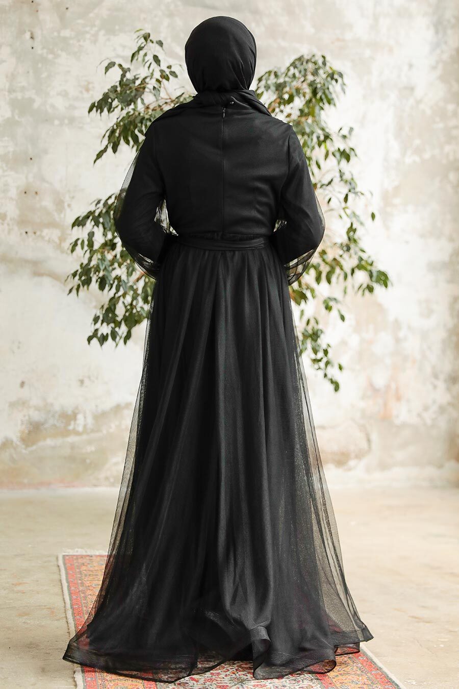 Tesettürlü Abiye Elbise - İnci Detaylı Siyah Tesettür Abiye Elbise 25841S