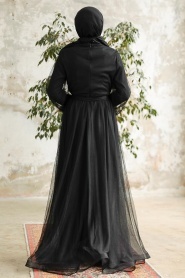Tesettürlü Abiye Elbise - İnci Detaylı Siyah Tesettür Abiye Elbise 25841S - Thumbnail
