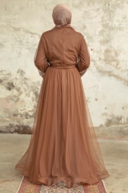 Tesettürlü Abiye Elbise - İnci Detaylı Taba Tesettür Abiye Elbise 25841TB - Thumbnail