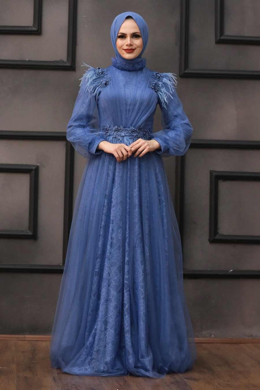 Tesettürlü Abiye Elbise - İndigo Blue Hijab Evening Dress 75850IM - Tesetturisland.com