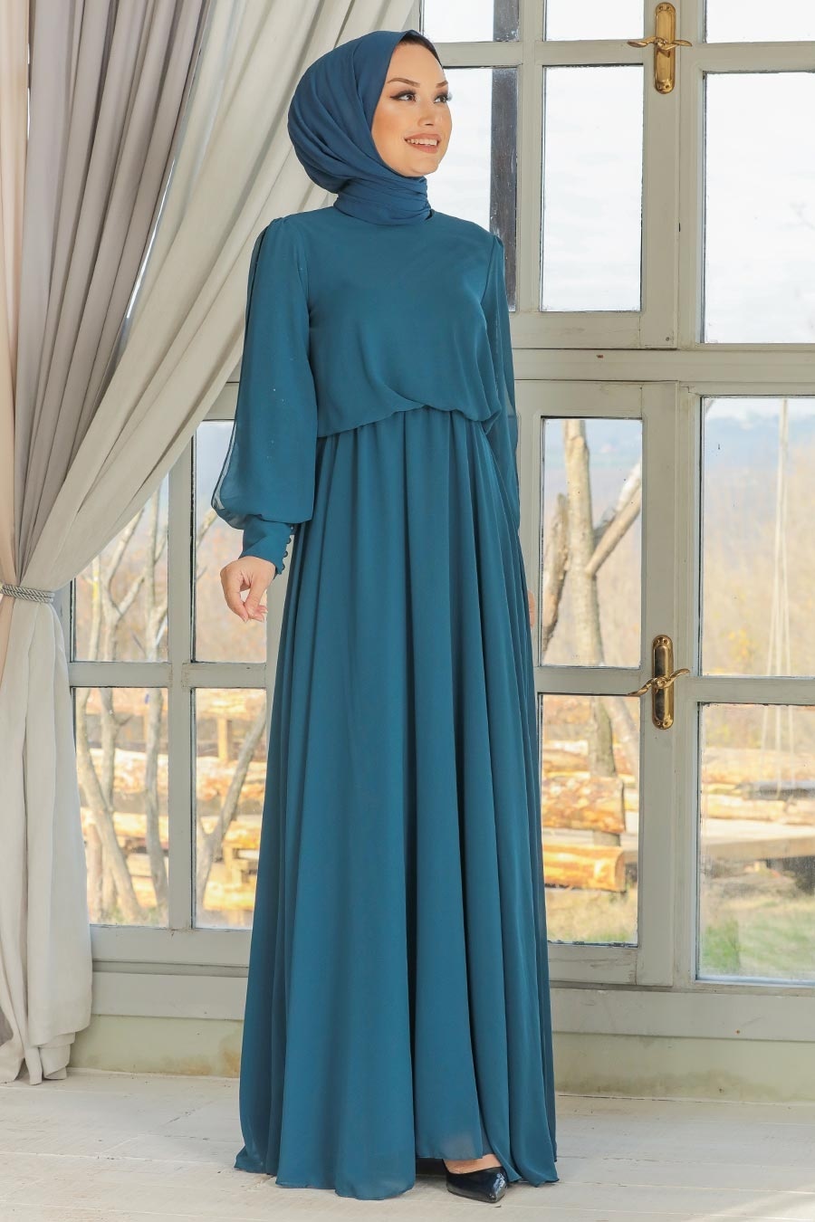 Tesettürlü Abiye Elbise - Kolları Dantelli İndigo Mavisi Tesettür Abiye Elbise 54030IM