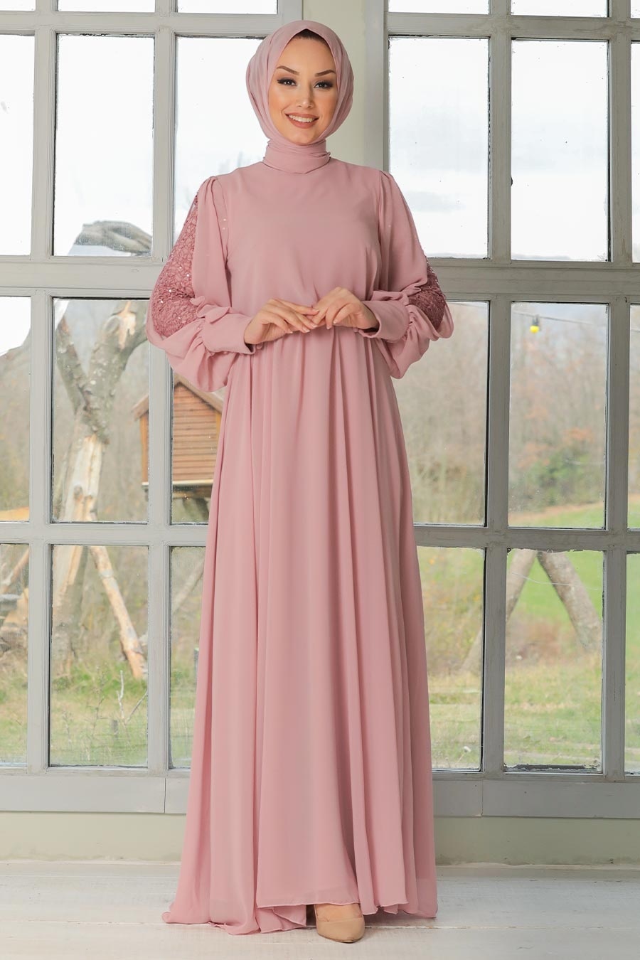 Tesettürlü Abiye Elbise - Kolları Dantelli Pudra Tesettür Abiye Elbise 54030PD