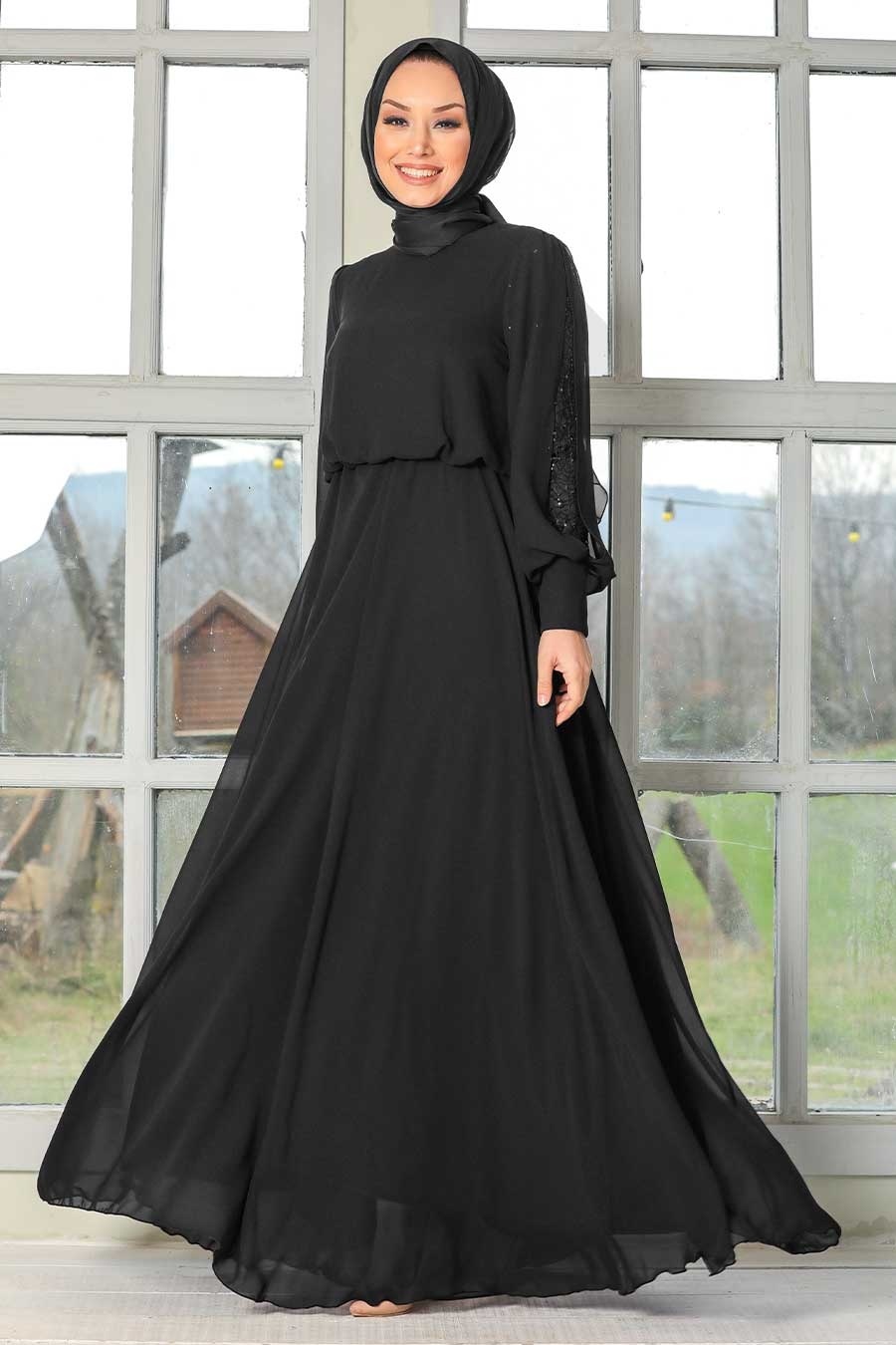 Tesettürlü Abiye Elbise - Kolları Dantelli Siyah Tesettür Abiye Elbise 54030S