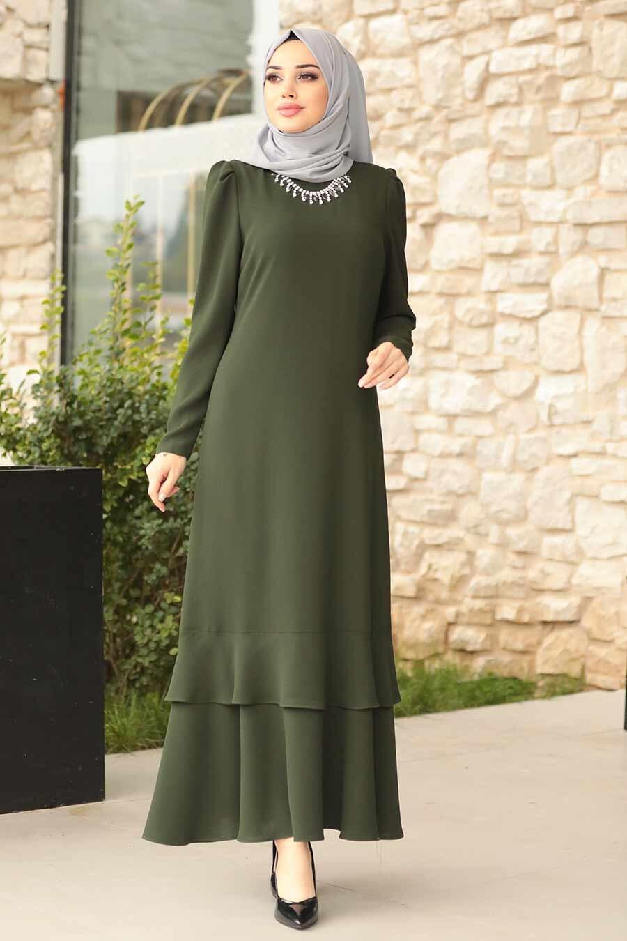 Tesettürlü Abiye Elbise - Kolyeli Yeşil Tesettür Abiye Elbise 3763Y