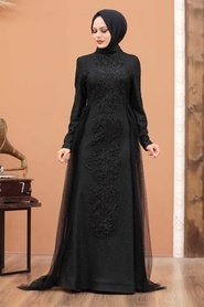 Tesettürlü Abiye Elbise - Önü Payetli Siyah Tesettür Abiye Elbise 3642S - Thumbnail