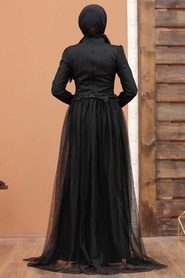 Tesettürlü Abiye Elbise - Önü Payetli Siyah Tesettür Abiye Elbise 3642S - Thumbnail
