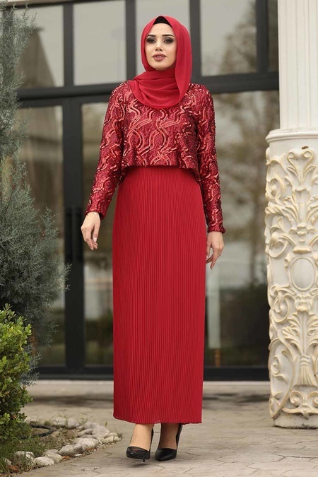 Tesettürlü Abiye Elbise - Pliseli Kırmızı Tesettür Abiye Elbise 3743K