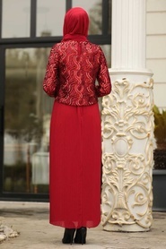 Tesettürlü Abiye Elbise - Pliseli Kırmızı Tesettür Abiye Elbise 3743K - Thumbnail