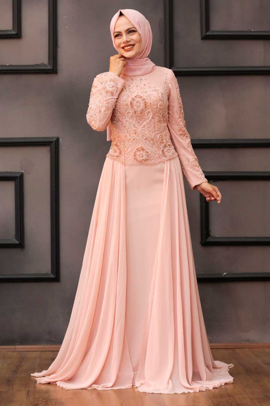Tesettürlü Abiye Elbise - Powder Pink Hijab Evening Dress 18810PD ...