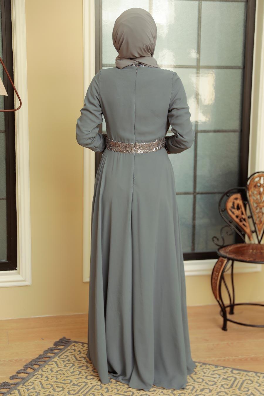 Tesettürlü Abiye Elbise - Pul Payet İşlemeli Füme Tesettür Abiye Elbise 5793FU