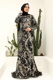Tesettürlü Abiye Elbise - Pul Payet İşlemeli Siyah Gold Tesettür Abiye Elbise 951SGOLD - Thumbnail