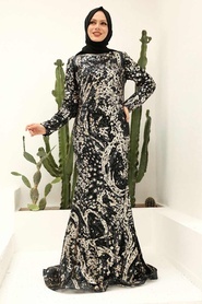 Tesettürlü Abiye Elbise - Pul Payet İşlemeli Siyah Gold Tesettür Abiye Elbise 951SGOLD - Thumbnail