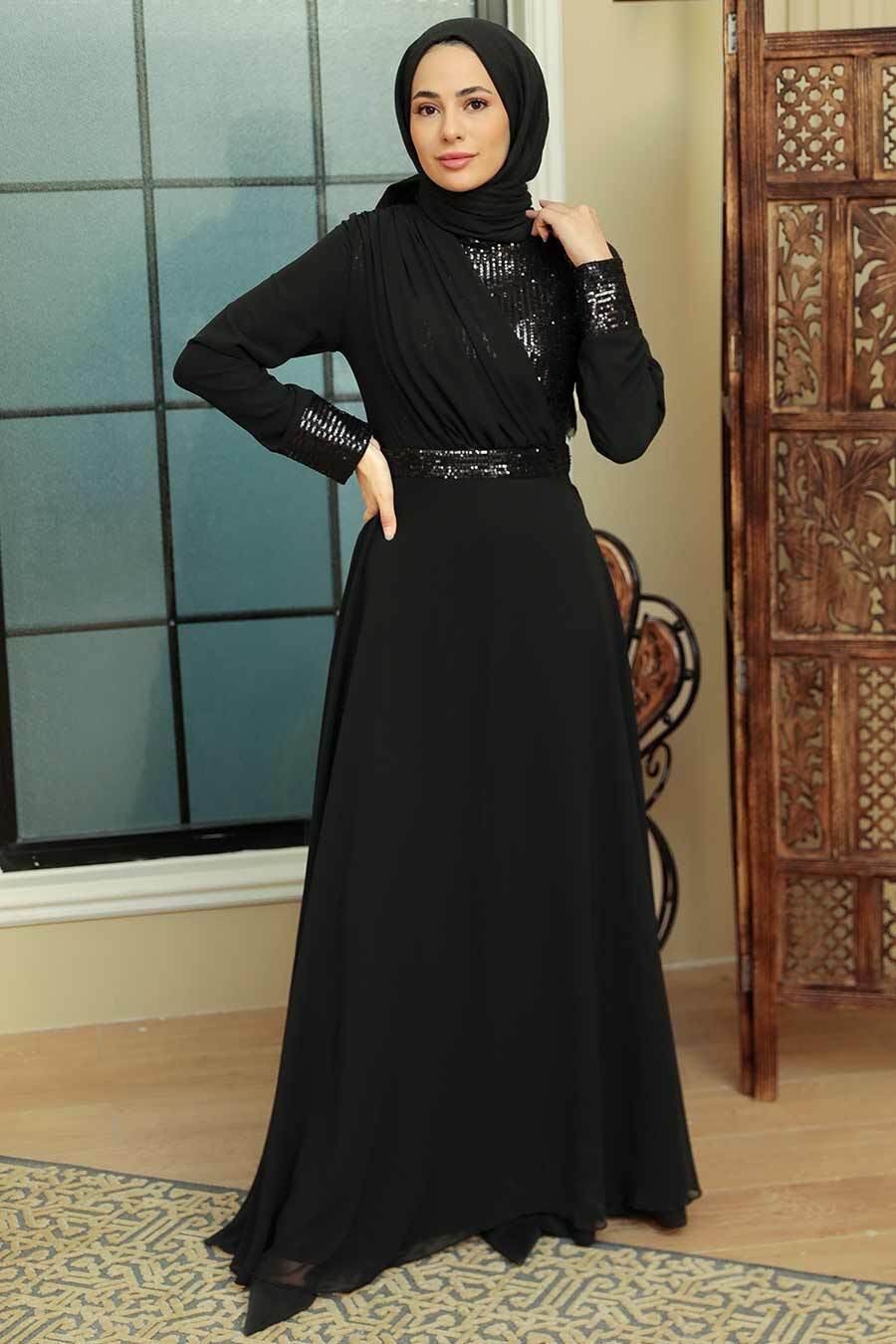 Tesettürlü Abiye Elbise - Pul Payet İşlemeli Siyah Tesettür Abiye Elbise 5793S