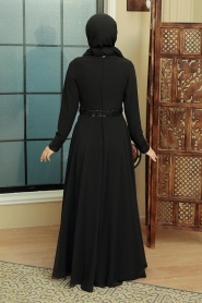 Tesettürlü Abiye Elbise - Pul Payet İşlemeli Siyah Tesettür Abiye Elbise 5793S - Thumbnail