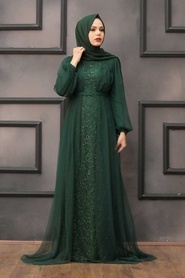 Tesettürlü Abiye Elbise - Pul Payetli Koyu Yeşil Tesettür Abiye Elbise 5383KY - Thumbnail